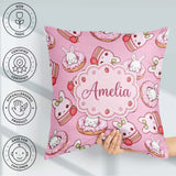 Custom Name Bunny Donut Dessert Kawaii Pinky Background Seamless Square Filled Cushion Throw Pillow Sofa Bed Home Decor Zip Washable UK Made