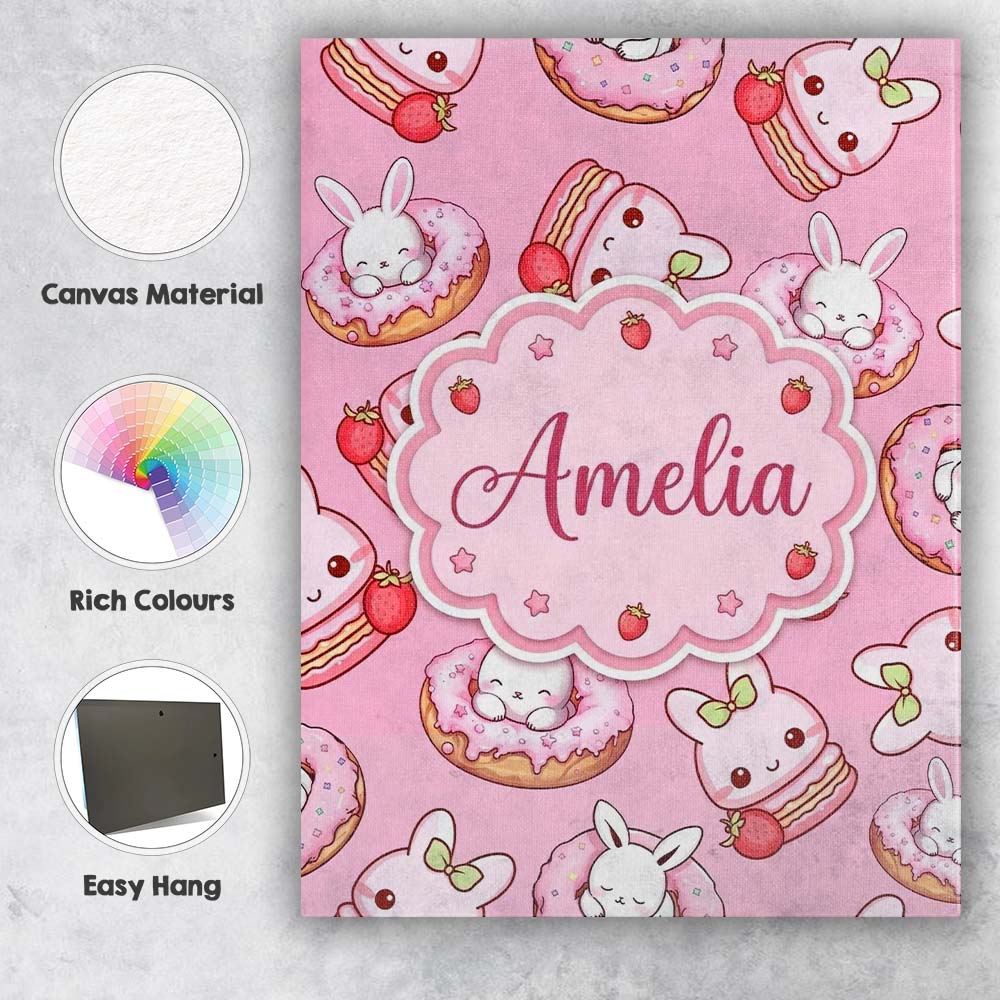 Personalised Name Cute Bunny Donut Dessert Custom  Unique Gift Idea Elegant Feature Canvas Wall Art Print Decor Picture Ready to Hang