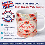 Personalized Custom Name Watercolor Red Poppy Flowers Soft Artistic Seamless Pattern Lovely 11oz Ceramic Coffee Tea Mug White Large Handle