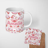 Personalized Custom Name Cute Bunny Donut Dessert Kawaii Grey Background Seamless Pattern 11oz Ceramic Coffee Tea Mug White Large Handle