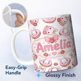 Personalized Custom Name Cute Bunny Donut Dessert Kawaii Grey Background Seamless Pattern 11oz Ceramic Coffee Tea Mug White Large Handle