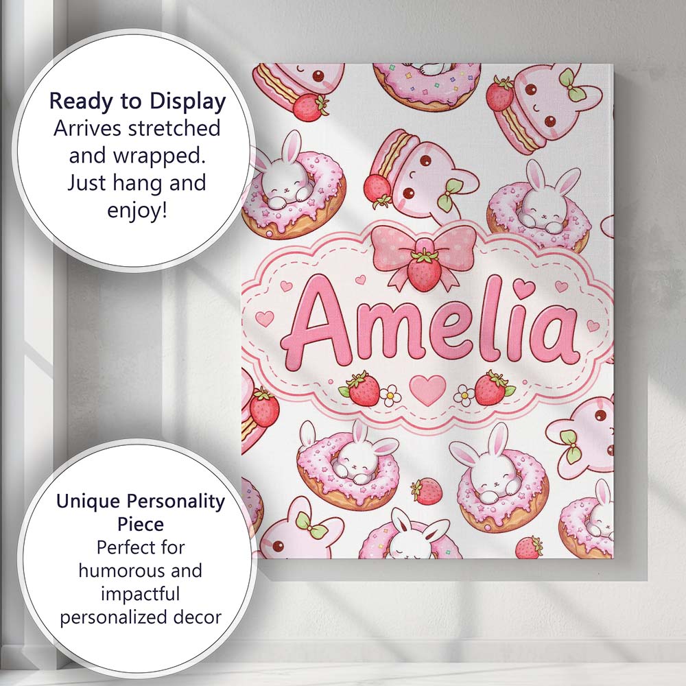 Personalised Name Cute Bunny Donut Dessert Custom  Unique Gift Idea Elegant Feature Canvas Wall Art Print Decor Picture Ready to Hang