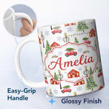 Personalized Custom Name Watercolor Winter Village Houses Trees Cars Snow Seamless Pattern 11oz Ceramic Coffee Tea Mug White Large Handle