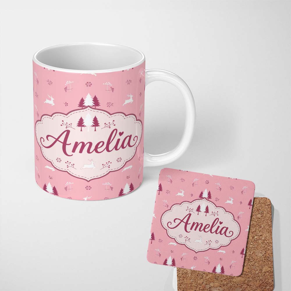 Personalized Custom Name Minimal Deer Forest Trees Pink Winter Seamless Pattern Lovely 11oz Ceramic Coffee Tea Mug White Large Handle