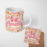 Personalized Custom Name Cute Bunny Donut Dessert Kawaii Yellow Background Seamless Pattern 11oz Ceramic Coffee Tea Mug White Large Handle