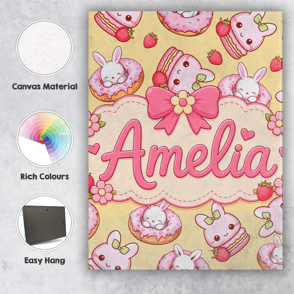 Personalised Name Cute Bunny Donut Dessert Custom  Unique Gift Idea Elegant Feature Canvas Wall Art Print Decor Picture Ready to Hang