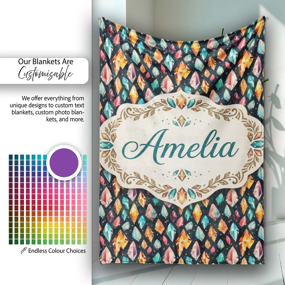 Colorful Crystal Gemstone Dark Galaxy Background Fantasy Lovely  Personalised Custom Name Super Soft Fleece Blanket Bed Sofa Throw