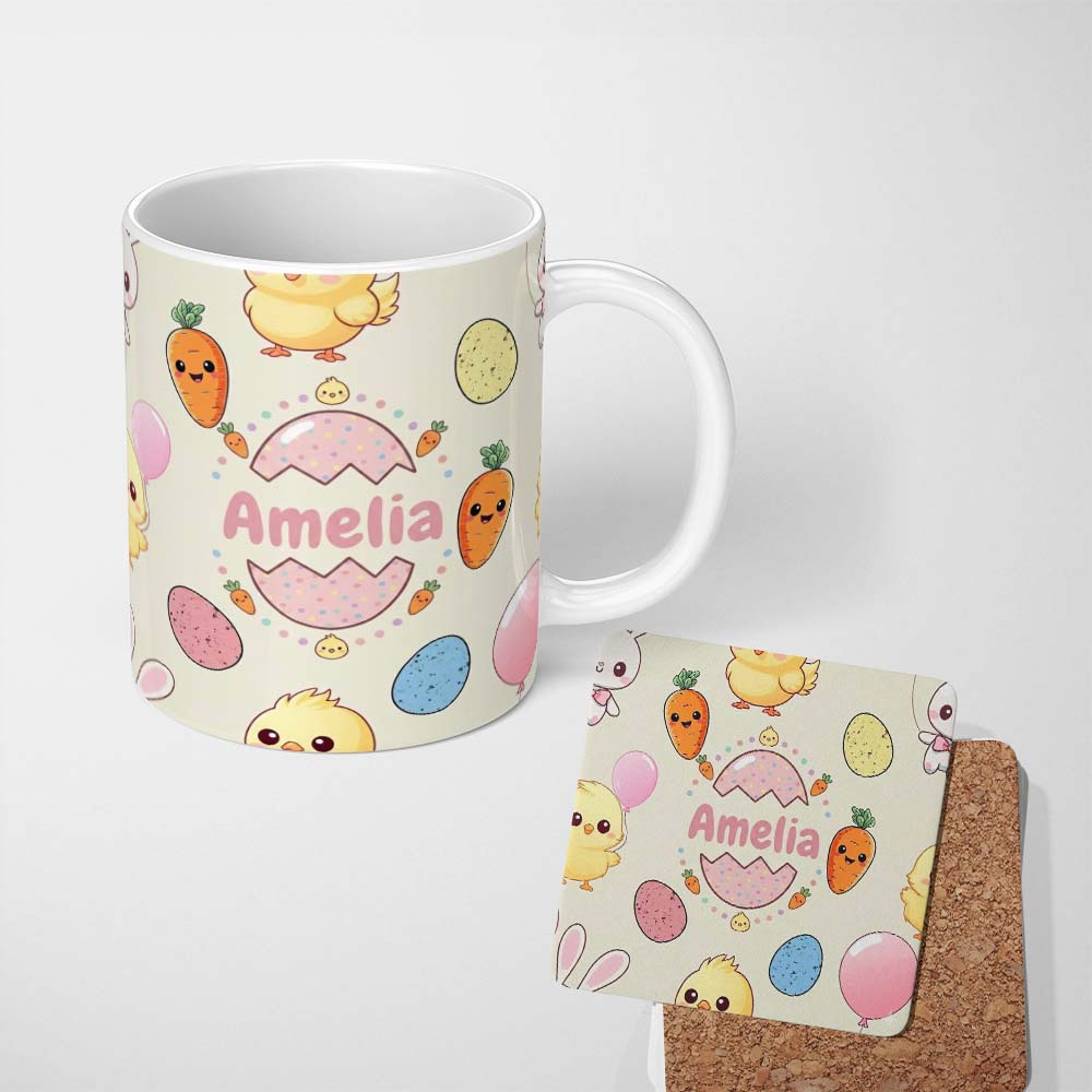 Personalized Custom Name Cute Easter Bunny Chick Carrot Egg Kawaii Seamless Pattern Name 11oz Ceramic Coffee Tea Mug White Large Handle