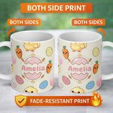Personalized Custom Name Cute Easter Bunny Chick Carrot Egg Kawaii Seamless Pattern Name 11oz Ceramic Coffee Tea Mug White Large Handle