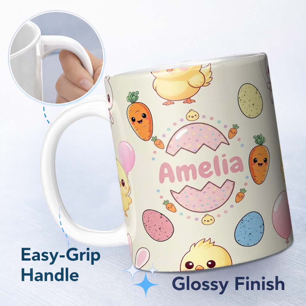 Personalized Custom Name Cute Easter Bunny Chick Carrot Egg Kawaii Seamless Pattern Name 11oz Ceramic Coffee Tea Mug White Large Handle