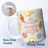 Personalized Custom Name Cute Easter Bunny Chick Carrot Egg Kawaii Seamless Pattern Name 11oz Ceramic Coffee Tea Mug White Large Handle