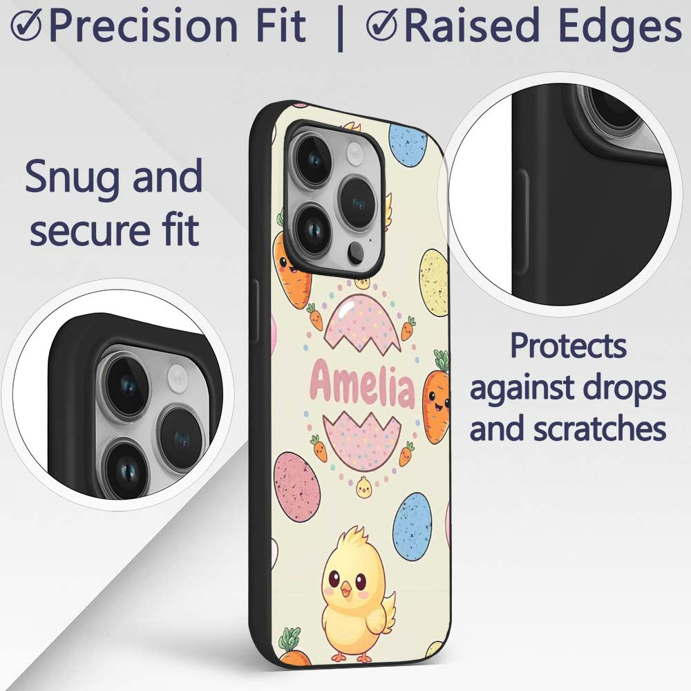 Cute Easter Bunny Chick Carrot Egg Printed Design Custom Name Protective Phone Case Mobile Cover Durable Everyday Smartphone Shock Resistant