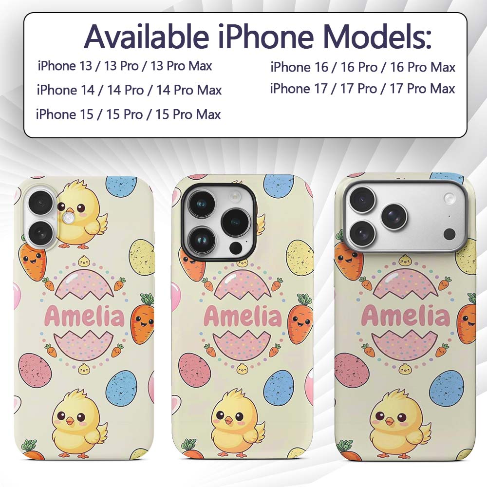 Cute Easter Bunny Chick Carrot Egg Printed Design Custom Name Protective Phone Case Mobile Cover Durable Everyday Smartphone Shock Resistant