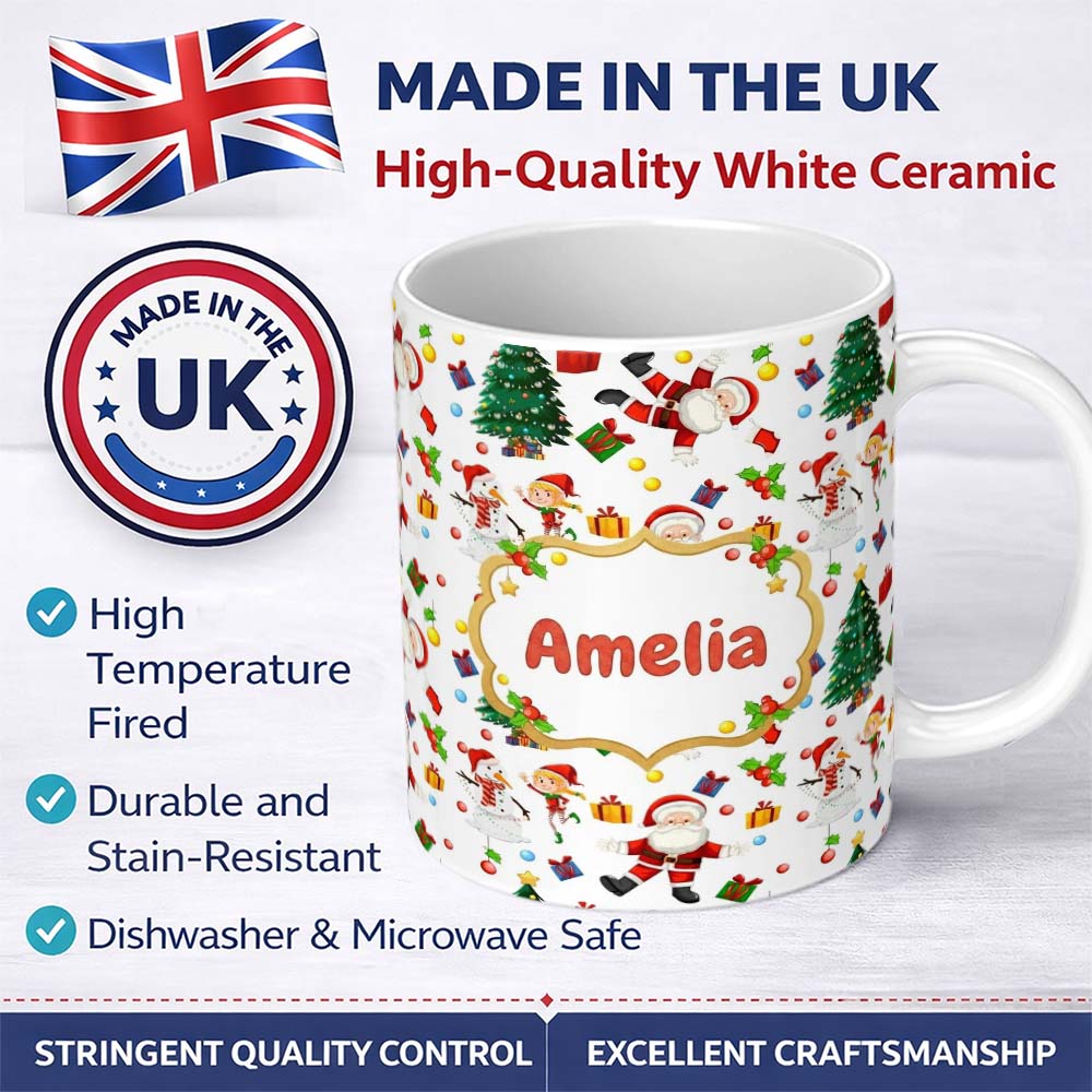 Personalized Custom Name Santa Snowman Christmas Tree Gift Seamless Pattern Design Holiday 11oz Ceramic Coffee Tea Mug White Large Handle