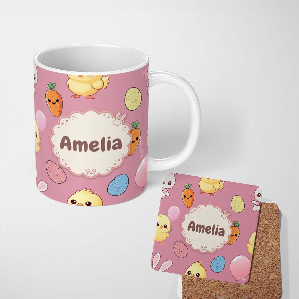 Personalized Custom Name Cute Easter Bunny Chick Carrot Egg Pink Background Seamless Pattern 11oz Ceramic Coffee Tea Mug White Large Handle