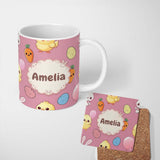 Personalized Custom Name Cute Easter Bunny Chick Carrot Egg Pink Background Seamless Pattern 11oz Ceramic Coffee Tea Mug White Large Handle