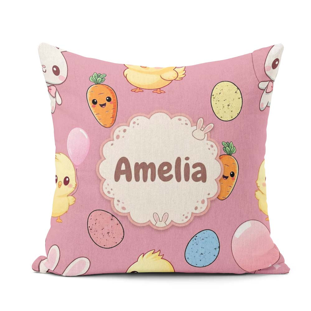Custom Name Easter Bunny Chick Carrot Egg Pink Seamless Pattern Square Filled Cushion Throw Pillow Sofa Bed Home Decor Zip Washable UK Made