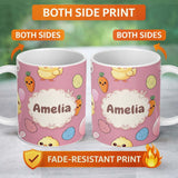 Personalized Custom Name Cute Easter Bunny Chick Carrot Egg Pink Background Seamless Pattern 11oz Ceramic Coffee Tea Mug White Large Handle