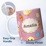 Personalized Custom Name Cute Easter Bunny Chick Carrot Egg Pink Background Seamless Pattern 11oz Ceramic Coffee Tea Mug White Large Handle