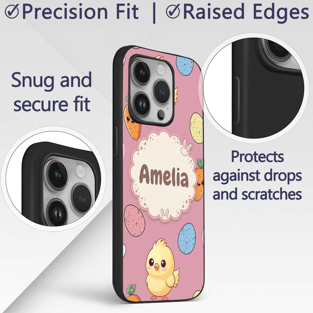 Cute Easter Bunny Chick Carrot Egg Printed Design Custom Name Protective Phone Case Mobile Cover Durable Everyday Smartphone Shock Resistant