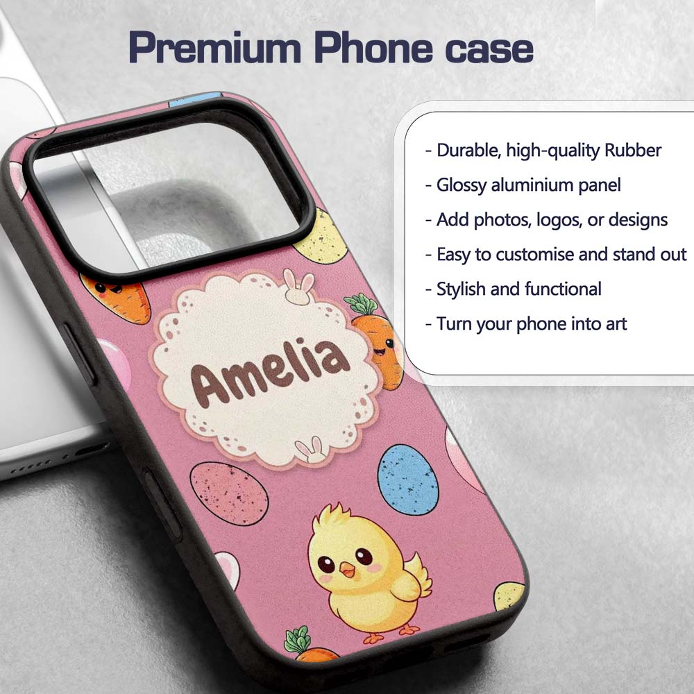 Cute Easter Bunny Chick Carrot Egg Printed Design Custom Name Protective Phone Case Mobile Cover Durable Everyday Smartphone Shock Resistant