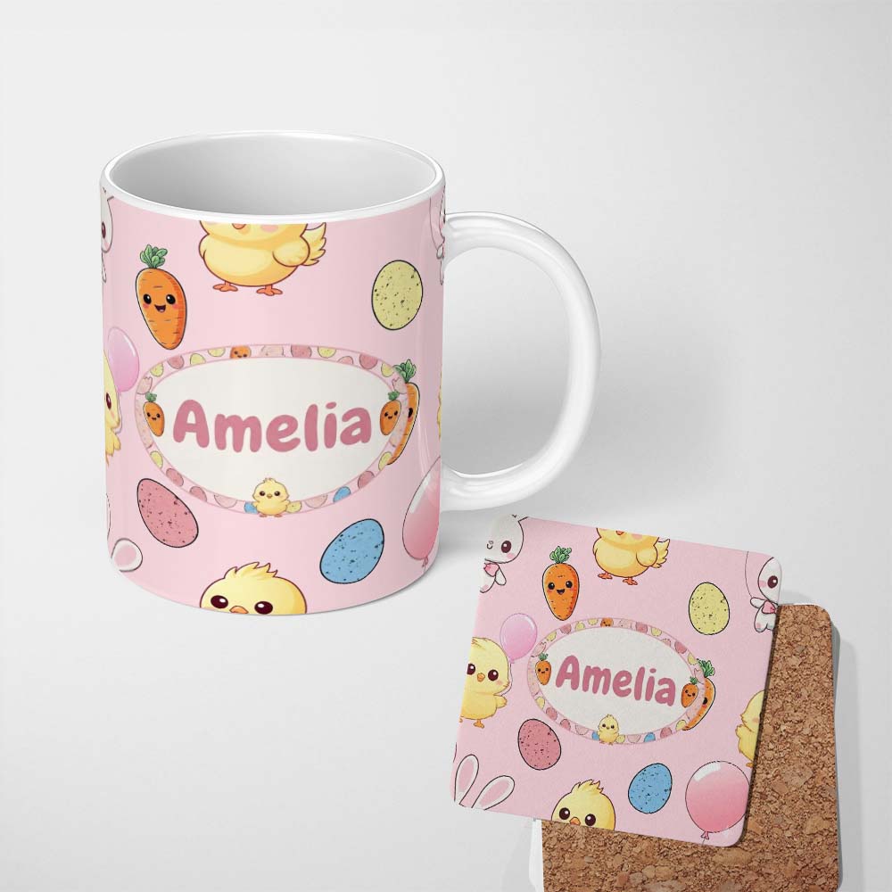 Personalized Custom Name Cute Easter Bunny Chick Carrot Egg Soft Blush Seamless Pattern 11oz Ceramic Coffee Tea Mug White Large Handle