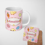 Personalized Custom Name Cute Easter Bunny Chick Carrot Egg Soft Blush Seamless Pattern 11oz Ceramic Coffee Tea Mug White Large Handle