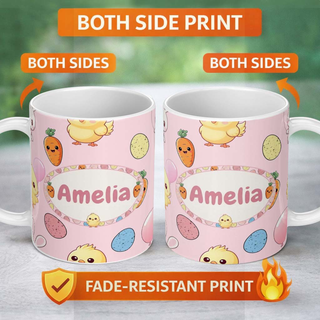 Personalized Custom Name Cute Easter Bunny Chick Carrot Egg Soft Blush Seamless Pattern 11oz Ceramic Coffee Tea Mug White Large Handle