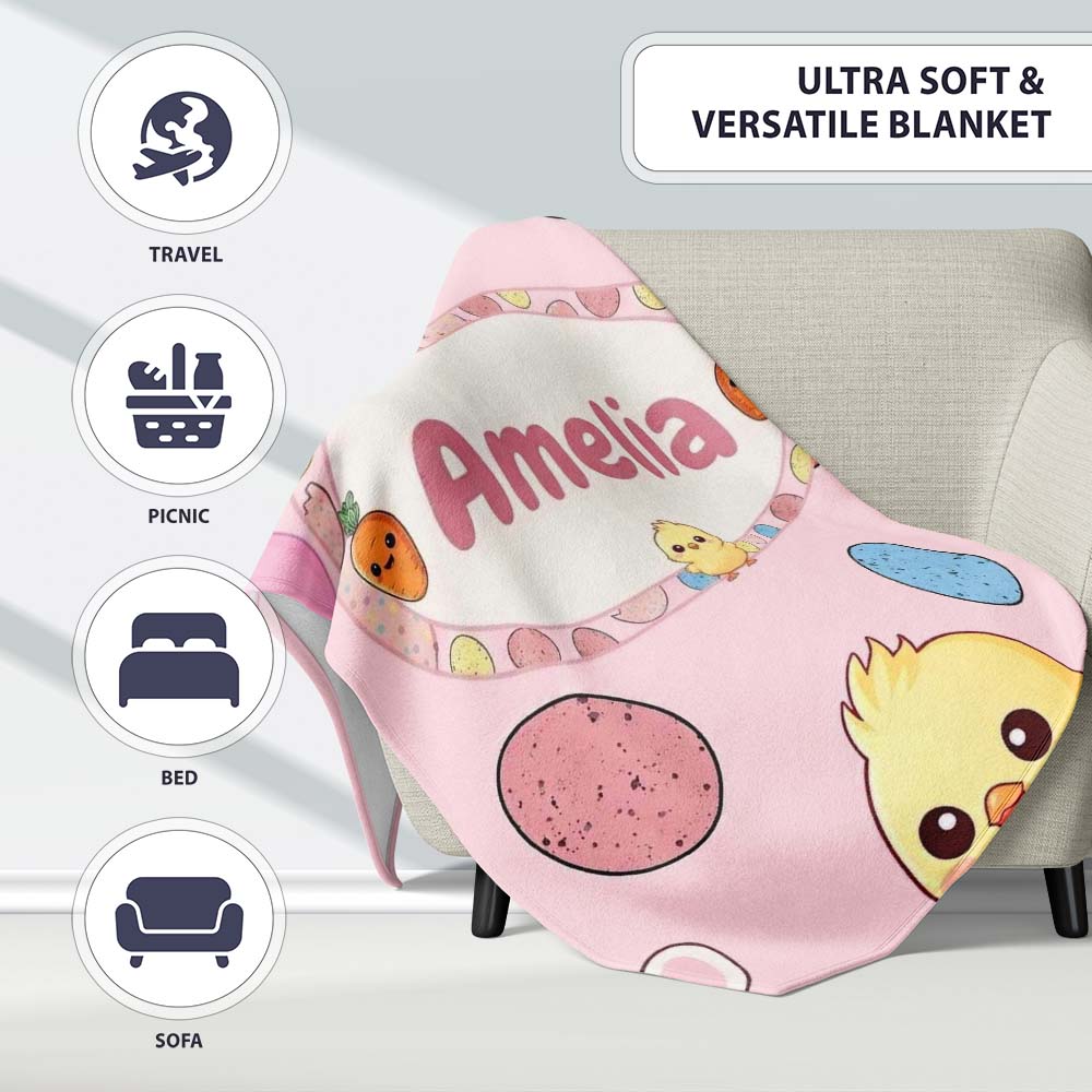 Cute Easter Bunny Chick Carrot Egg Soft Blush Seamless Pattern  Personalised Custom Name Super Soft Fleece Blanket Bed Sofa Throw