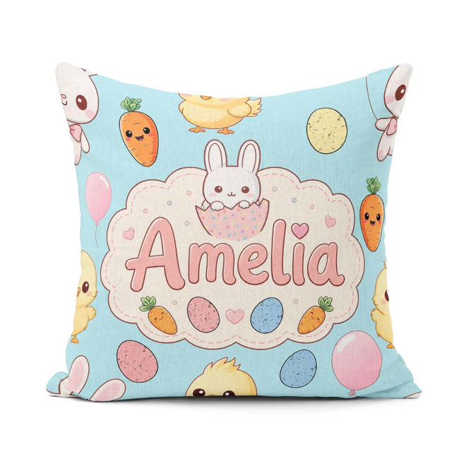 Custom Name Easter Bunny Chick Carrot Egg Blue Seamless Pattern Square Filled Cushion Throw Pillow Sofa Bed Home Decor Zip Washable UK Made