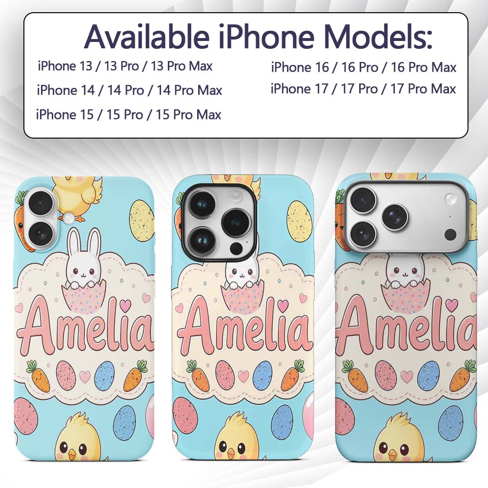 Cute Easter Bunny Chick Carrot Egg Printed Design Custom Name Protective Phone Case Mobile Cover Durable Everyday Smartphone Shock Resistant