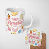 Personalized Custom Name Cute Easter Bunny Chick Carrot Egg Light Grey Seamless Pattern 11oz Ceramic Coffee Tea Mug White Large Handle