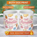 Personalized Custom Name Cute Easter Bunny Chick Carrot Egg Light Grey Seamless Pattern 11oz Ceramic Coffee Tea Mug White Large Handle