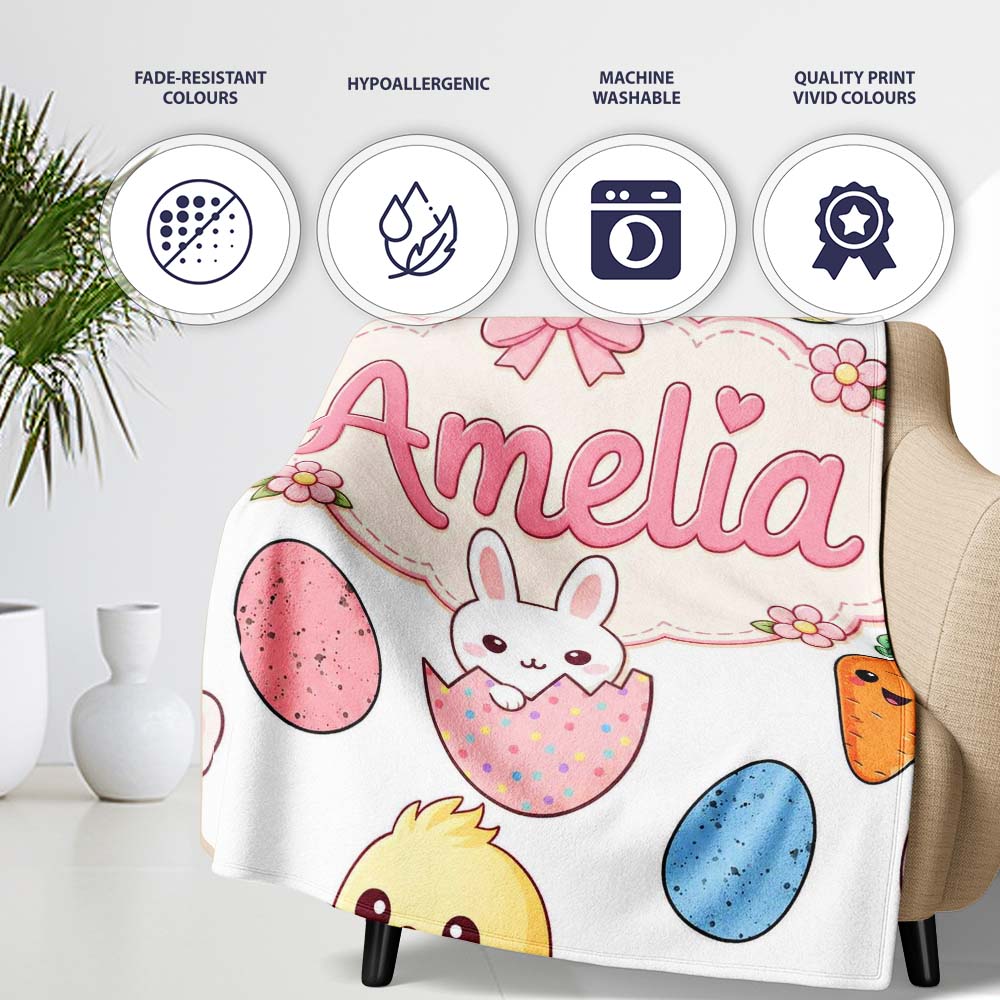 Cute Easter Bunny Chick Carrot Egg Light Grey Seamless Pattern  Personalised Custom Name Super Soft Fleece Blanket Bed Sofa Throw