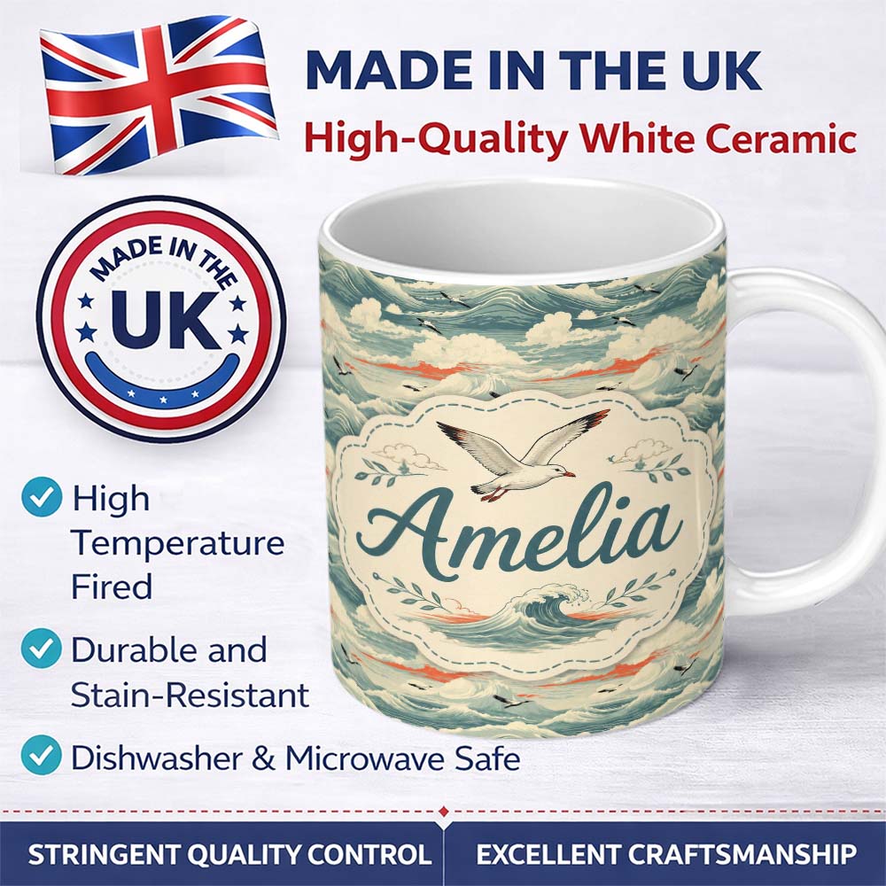 Personalized Custom Name Ocean Waves with Flying Seabirds Scenic Seamless Pattern Lovely 11oz Ceramic Coffee Tea Mug White Large Handle
