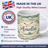 Personalized Custom Name Ocean Waves with Flying Seabirds Scenic Seamless Pattern Lovely 11oz Ceramic Coffee Tea Mug White Large Handle