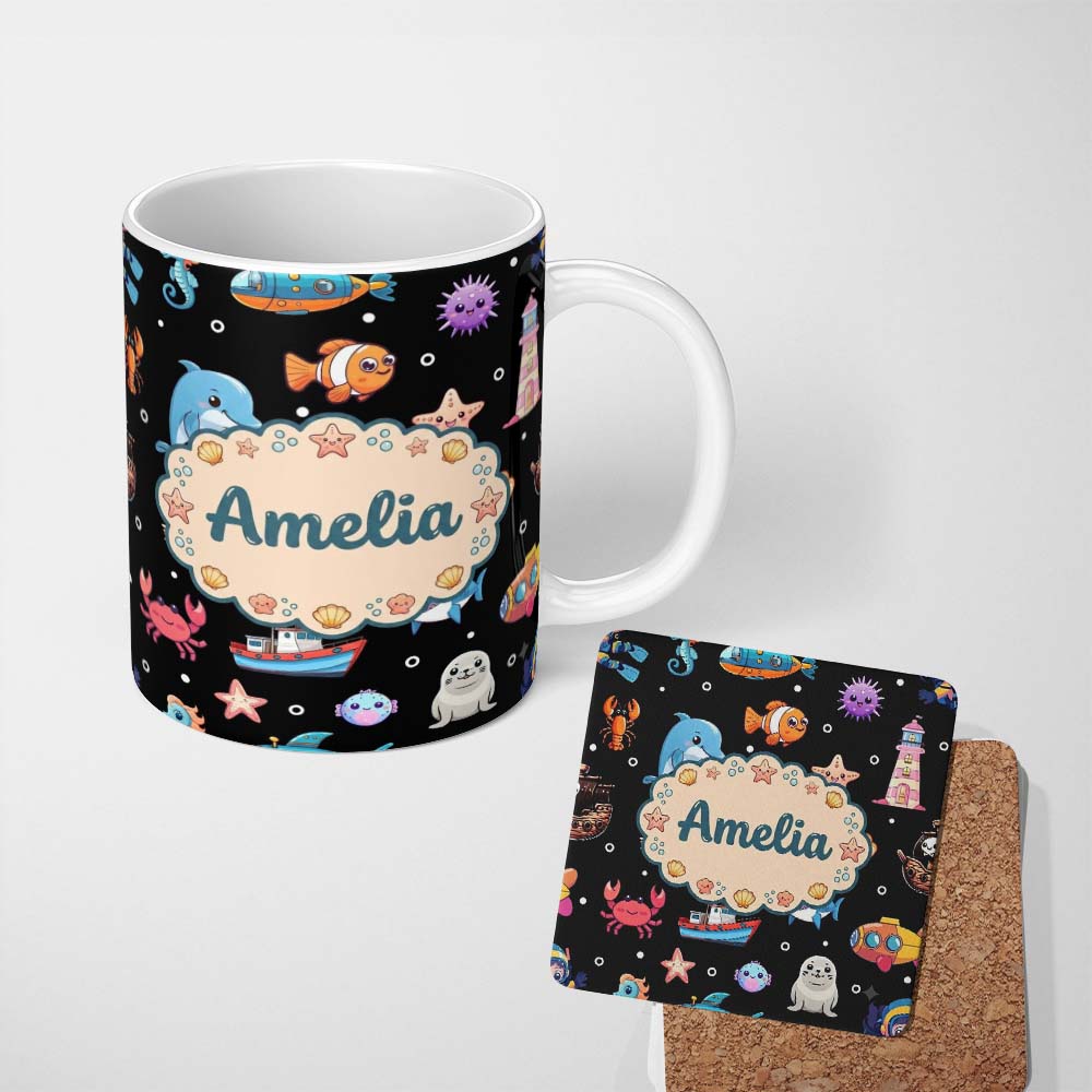 Personalized Custom Name Cartoon Sea Animals Diver Dolphin Shark Lighthouse Black Bubble 11oz Ceramic Coffee Tea Mug White Large Handle