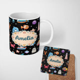 Personalized Custom Name Cartoon Sea Animals Diver Dolphin Shark Lighthouse Black Bubble 11oz Ceramic Coffee Tea Mug White Large Handle