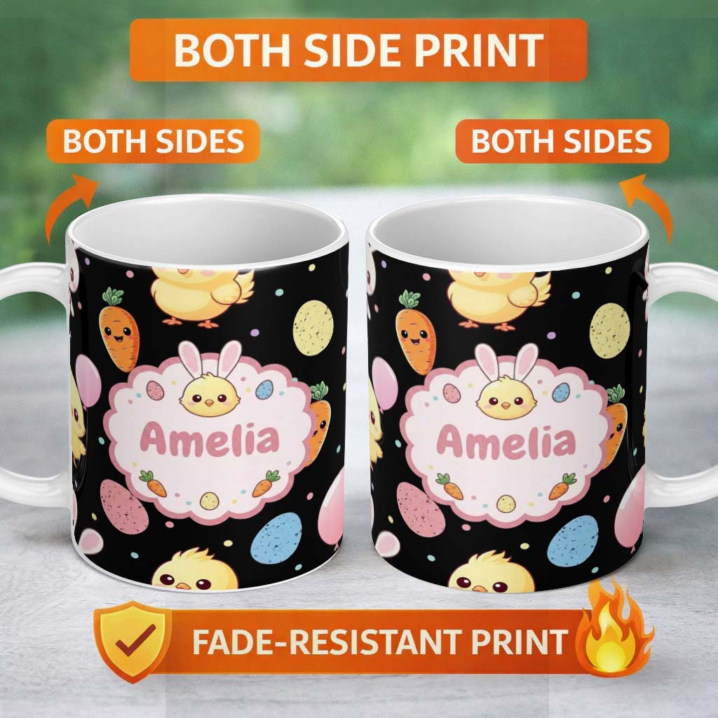 Personalized Custom Name Cute Easter Bunny Chick Carrot Egg Black Background Seamless 11oz Ceramic Coffee Tea Mug White Large Handle