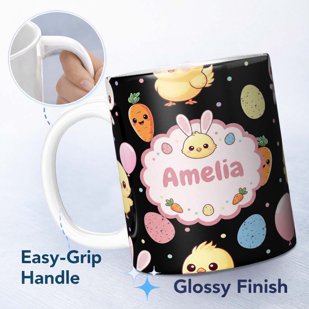 Personalized Custom Name Cute Easter Bunny Chick Carrot Egg Black Background Seamless 11oz Ceramic Coffee Tea Mug White Large Handle