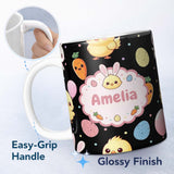Personalized Custom Name Cute Easter Bunny Chick Carrot Egg Black Background Seamless 11oz Ceramic Coffee Tea Mug White Large Handle