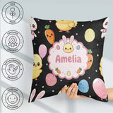 Custom Name Cute Easter Bunny Chick Carrot Egg Black Background Square Filled Cushion Throw Pillow Sofa Bed Home Decor Zip Washable UK Made
