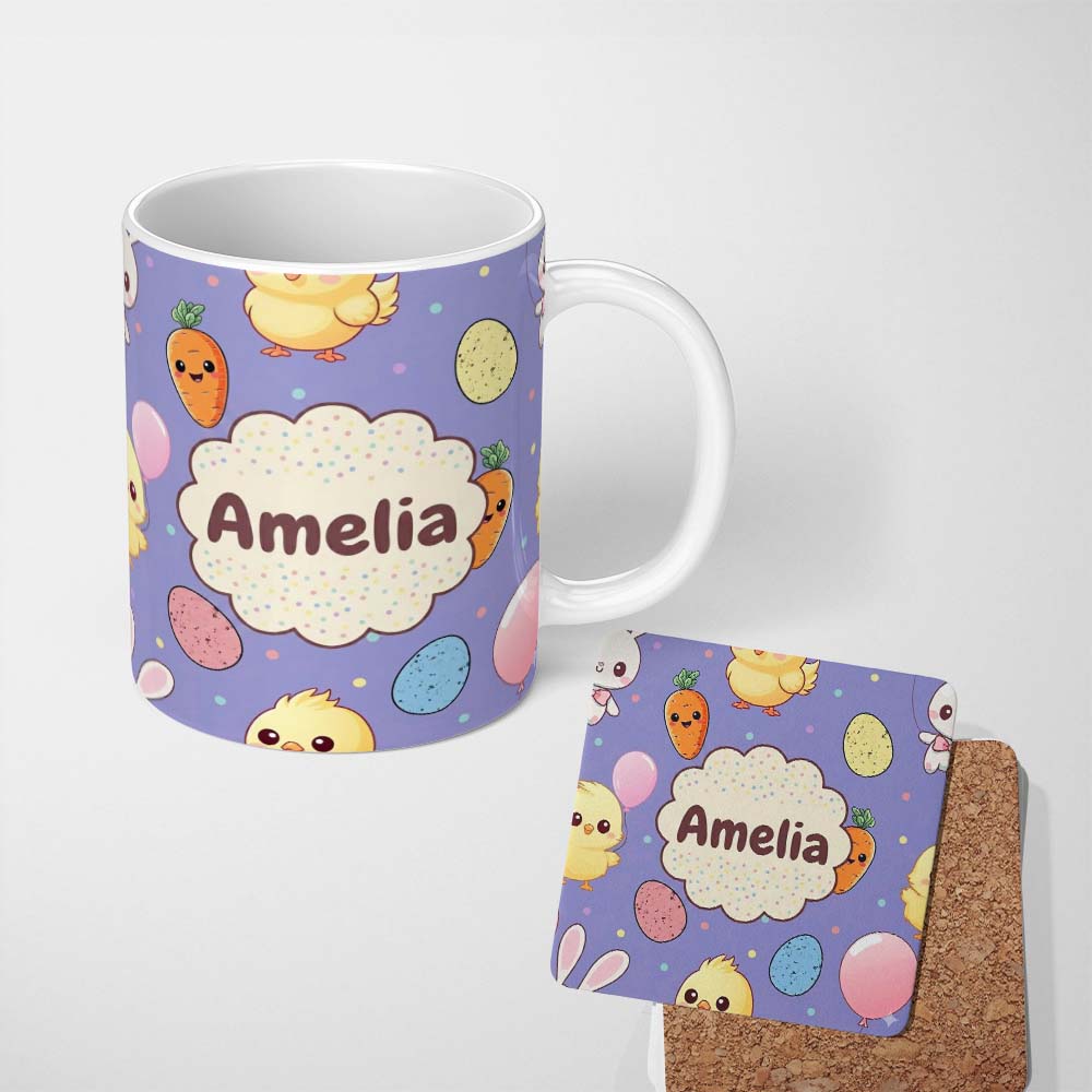 Personalized Custom Name Cute Easter Bunny Chick Carrot Egg Purple Background Seamless 11oz Ceramic Coffee Tea Mug White Large Handle