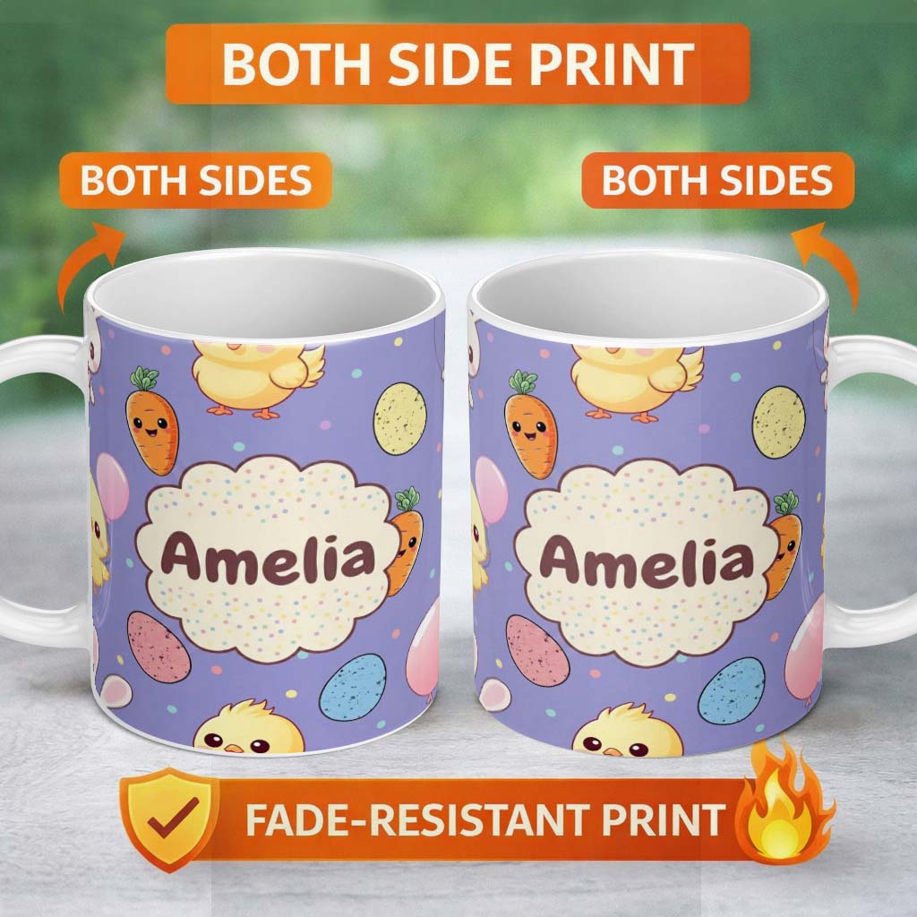 Personalized Custom Name Cute Easter Bunny Chick Carrot Egg Purple Background Seamless 11oz Ceramic Coffee Tea Mug White Large Handle