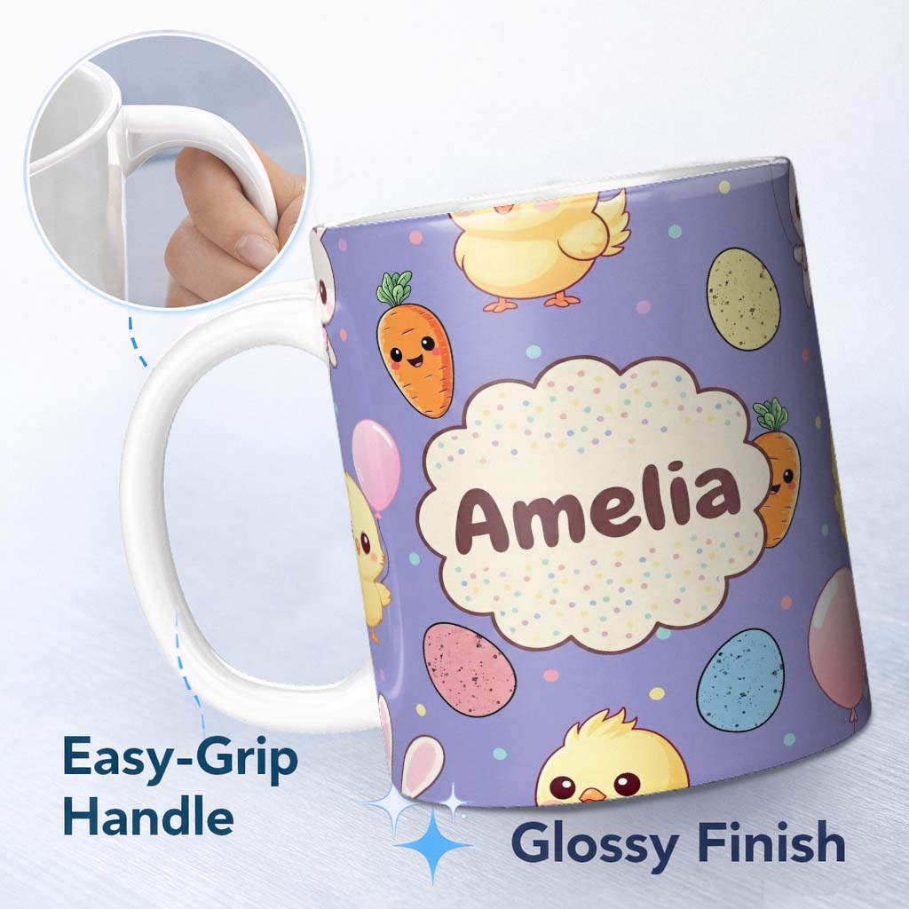 Personalized Custom Name Cute Easter Bunny Chick Carrot Egg Purple Background Seamless 11oz Ceramic Coffee Tea Mug White Large Handle