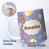 Personalized Custom Name Cute Easter Bunny Chick Carrot Egg Purple Background Seamless 11oz Ceramic Coffee Tea Mug White Large Handle