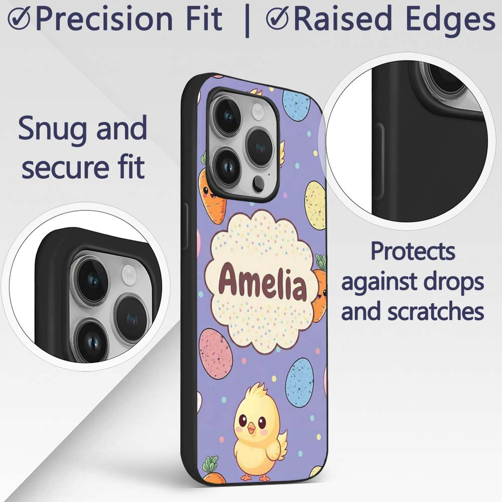 Cute Easter Bunny Chick Carrot Egg Printed Design Custom Name Protective Phone Case Mobile Cover Durable Everyday Smartphone Shock Resistant
