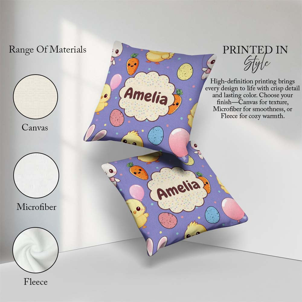Custom Name Cute Easter Bunny Chick Carrot Egg Purple Background Square Filled Cushion Throw Pillow Sofa Bed Home Decor Zip Washable UK Made
