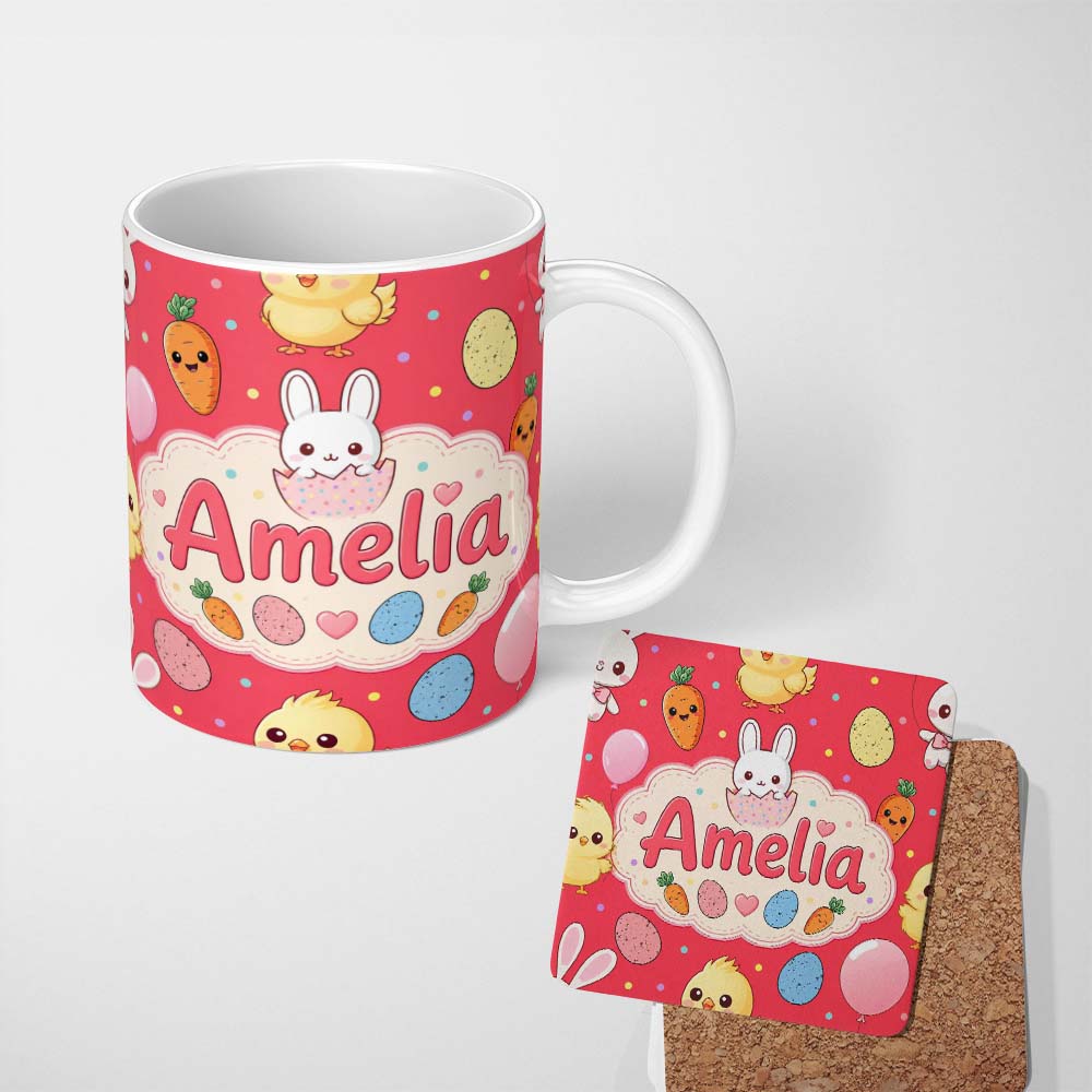 Personalized Custom Name Cute Easter Bunny Chick Carrot Egg Red Background Seamless Pattern 11oz Ceramic Coffee Tea Mug White Large Handle