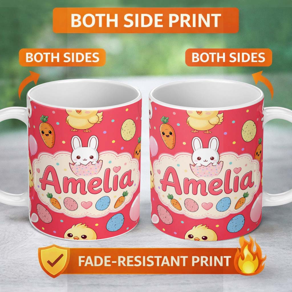 Personalized Custom Name Cute Easter Bunny Chick Carrot Egg Red Background Seamless Pattern 11oz Ceramic Coffee Tea Mug White Large Handle